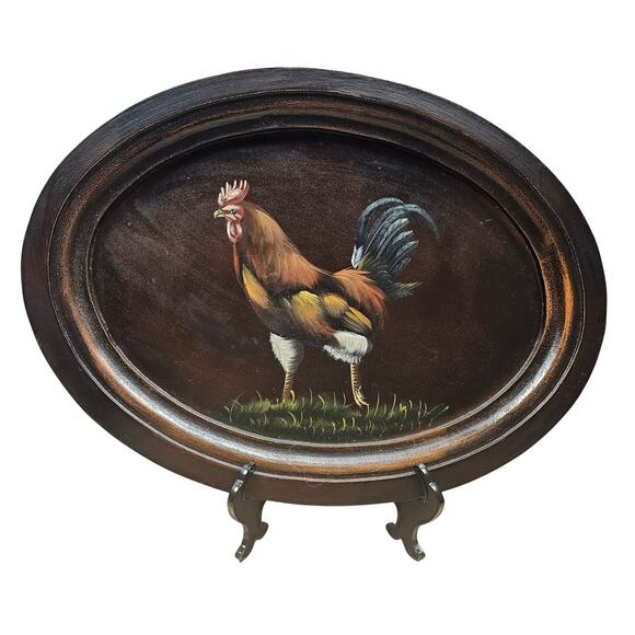 VTG Hand-Painted Primitive Rooster Oval Wood Wall Plaque Tray Platter Folk Art - Picture 1 of 8